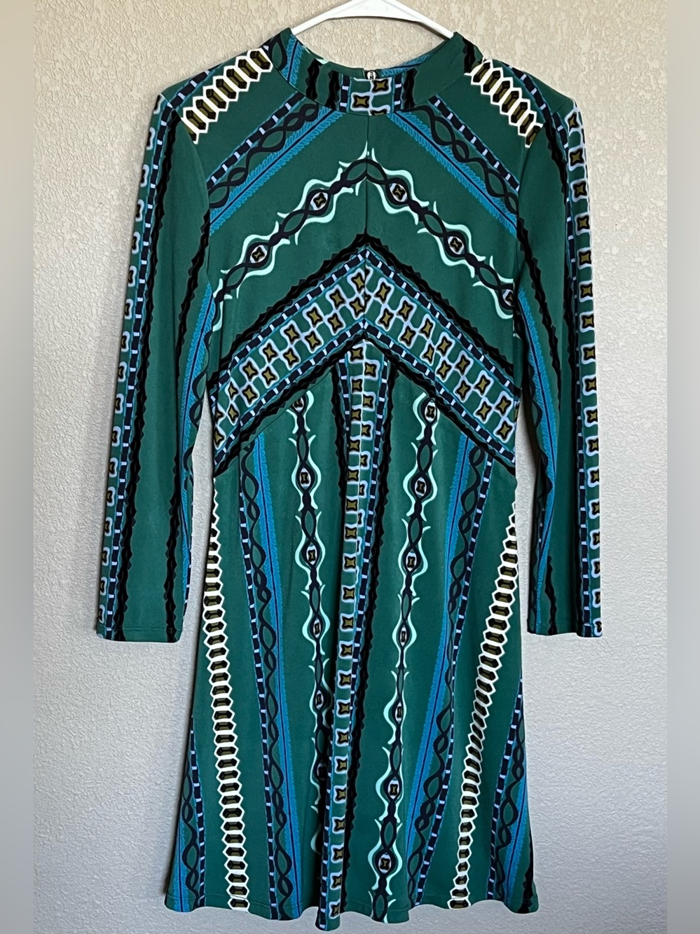 Free People Stella Printed Emerald Geometric Long-Sleeve Midi Dress Retro Boho